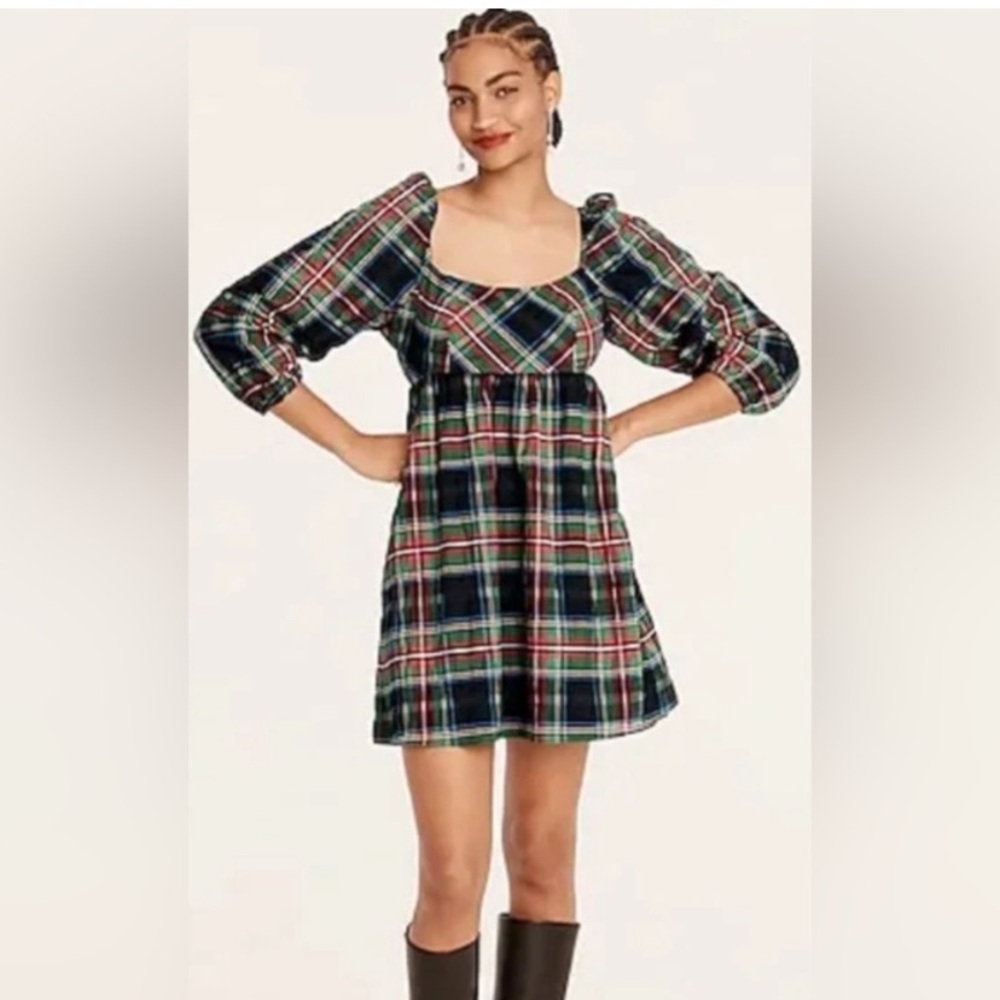 NWOT JCrew Stewart Tartan Puff Sleeve Mini Dress Size 4